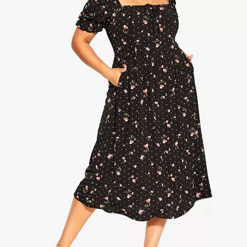 NWT City Chic Black and White Ruched Smocked Midi Dress with Pockets